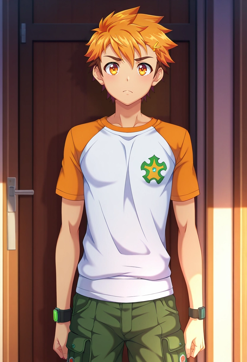 masterpiece, best quality, , anime screencap, , , looking at viewer, , 1boy, solo, male focus, <lora:hiro_akiba_ilxl:0.92>, hiro_akiba, orange hair, orange eyes, short hair, , , Utility pants, Sateen Bronze Raglan shirt, , ,