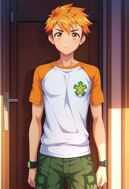 masterpiece, best quality, , anime screencap, , , looking at viewer, , 1boy, solo, male focus, <lora:hiro_akiba_ilxl:0.92>, hiro_akiba, orange hair, orange eyes, short hair, , , Utility pants, Sateen Bronze Raglan shirt, , ,