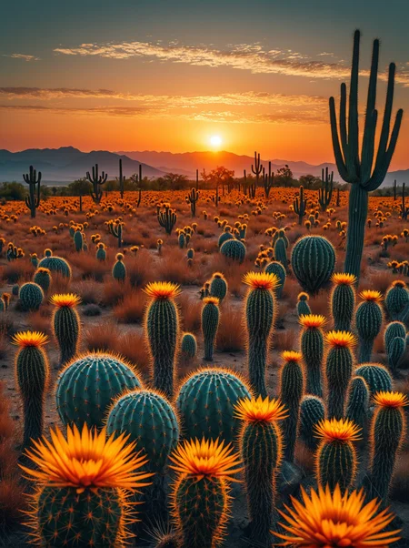 Breathtaking photography. An alien planet with exotic vegetation. Pre-dawn with a hint of light on the horizon. A blooming cactus garden in foreground.  Far-reaching fields of golden wheat  in background. Award-winning, professional, highly detailed.  <lora:MJ52:0.5> <lora:RMSDXL_Darkness_Cinema:1> (HDR (High Dynamic Range), vibrant colors, high contrast, detailed, UltraHD, 8K, cinematic, 80mm, high detail)