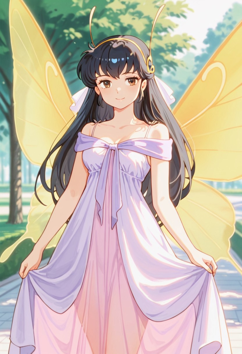 masterpiece, very aesthetic,8k, best quality,sakurauru, 1girl, solo, brown eyes, smile, black hair,Butterflydress, antenna Headwear, Wings, park, looking to viewer,impressionism, high detail, depth of field, blurred background, dramatic lighting,