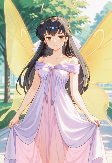masterpiece, very aesthetic,8k, best quality,sakurauru, 1girl, solo, brown eyes, smile, black hair,Butterflydress, antenna Headwear, Wings, park, looking to viewer,impressionism, high detail, depth of field, blurred background, dramatic lighting,