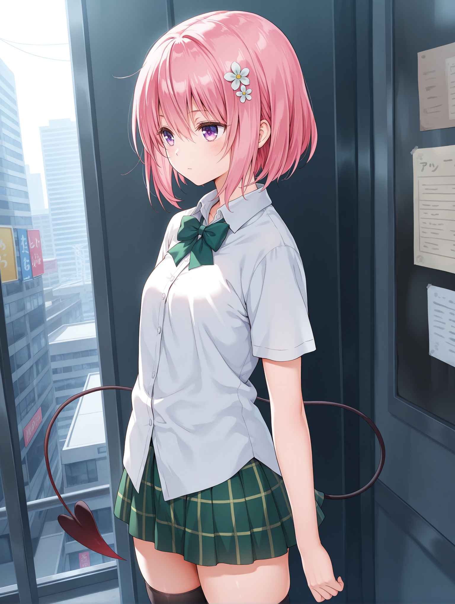 masterpiece,best quality,newest,
1girl,solo,
<lora:momo_ilxl_v2.4:0.8>,momo,pink hair,purple eyes,short hair,white flower hair ornament,demon tail,
m_clothes,green bowtie,white shirt,untucked_shirt,short_sleeves,green plaid skirt,black_thighhighs,
<lora:Fixhands_anime_bdsqlsz_V1:1>,city,expressionless,looking_away,voyeur,