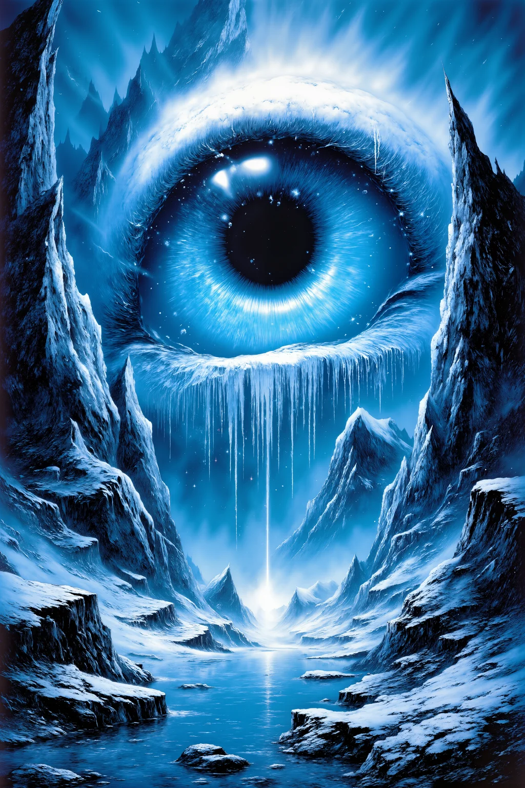 High in the mountains, nestled between jagged peaks, lies a lake that is also a colossal eye, its icy blue iris glimmering with a cold, unearthly light. The surrounding cliffs are covered in snow, and frozen waterfalls hang like crystal curtains around the lake, their sharp edges catching the light and reflecting it in myriad directions. The lakeâs surface is perfectly smooth, like a mirror, with the eye staring unblinking at the stormy sky above, its pupil dilated as if in deep concentration. Occasionally, cracks form on the surface of the lake, spreading out like spiderwebs from the pupil, only to heal themselves as quickly as they appeared. Snowflakes drift down from the sky, but they melt before they can touch the surface, creating tiny puffs of steam that rise and vanish into the thin mountain air. The cold is intense, yet there is a sense of profound stillness here, as if time itself has frozen around this all-seeing eye. It is a place of stark, surreal beauty, where the very elements seem to be in thrall to the gaze of the lake-eye. (high-resolution, dynamic, energetic, dramatic lighting, shallow depth of field.), detailmaximizer<lora:Adventure_Comic_Book><lora:detailed_flux_ntc:2.2><lora:aidmaImageUpgrader-FLUX-V0.1:0.65>