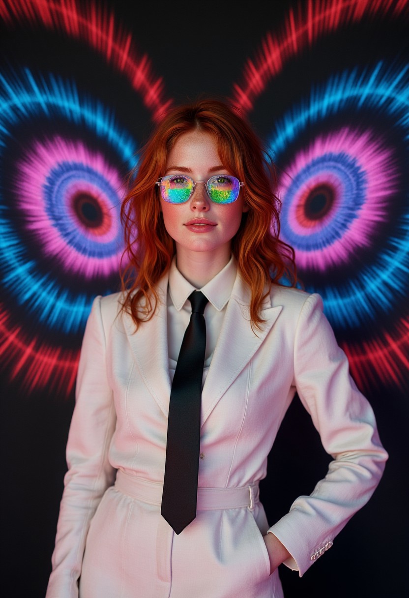 An 8k vibrant, psychedelic, and surreal photo of a woman,FictionalSabrina A red head girl with green eyes, confidently posing as a model. She is wearing a stark white suit with a sharp black tie, emphasizing a minimalist and avant-garde style. The background is dark, filled with giant, vibrant, multicolored LED-like eyes that create a surreal and otherworldly atmosphere. Her glasses reflect kaleidoscopic patterns, amplifying the psychedelic vibe. The contrast between her minimalist attire and the dynamic, colorful background highlights her as the focal point of the composition