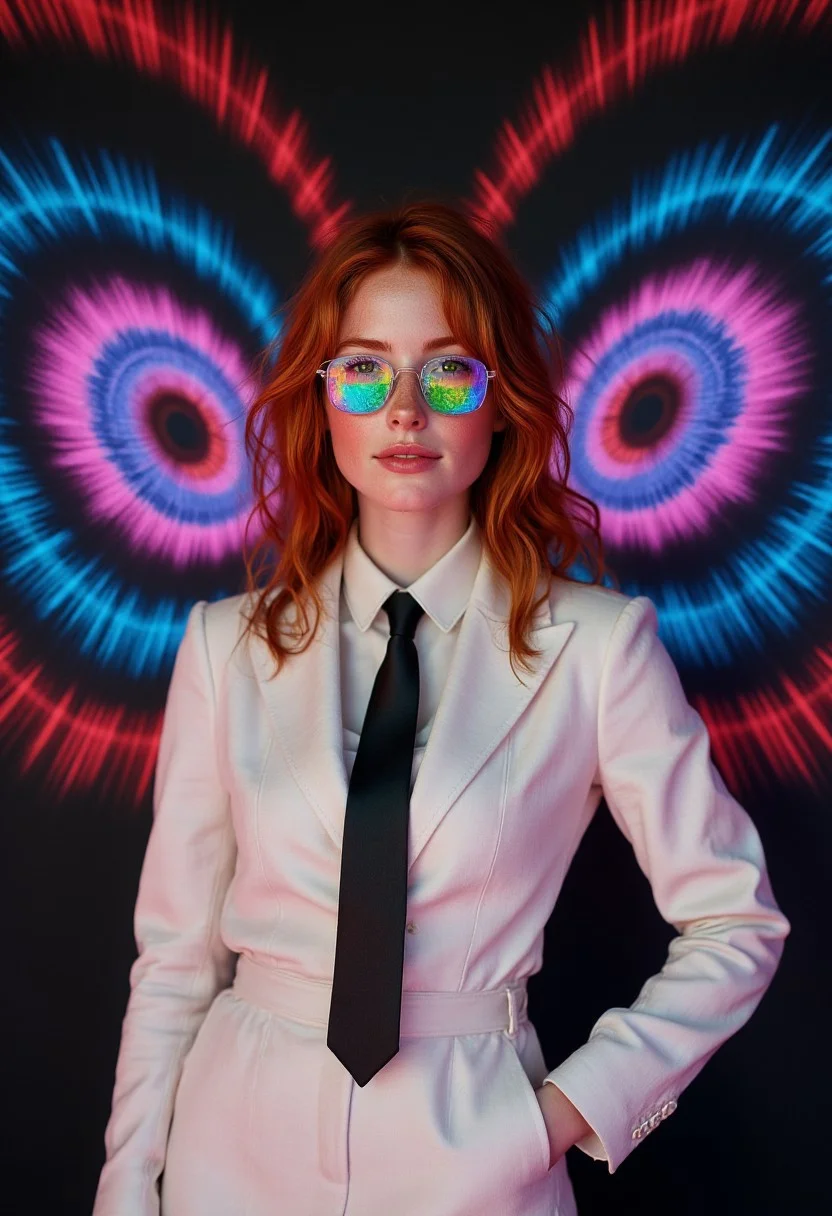 An 8k vibrant, psychedelic, and surreal photo of a woman,FictionalSabrina A red head girl with green eyes, confidently posing as a model. She is wearing a stark white suit with a sharp black tie, emphasizing a minimalist and avant-garde style. The background is dark, filled with giant, vibrant, multicolored LED-like eyes that create a surreal and otherworldly atmosphere. Her glasses reflect kaleidoscopic patterns, amplifying the psychedelic vibe. The contrast between her minimalist attire and the dynamic, colorful background highlights her as the focal point of the composition