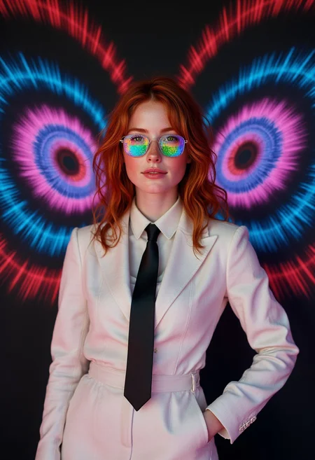 An 8k vibrant, psychedelic, and surreal photo of a woman,FictionalSabrina A red head girl with green eyes, confidently posing as a model. She is wearing a stark white suit with a sharp black tie, emphasizing a minimalist and avant-garde style. The background is dark, filled with giant, vibrant, multicolored LED-like eyes that create a surreal and otherworldly atmosphere. Her glasses reflect kaleidoscopic patterns, amplifying the psychedelic vibe. The contrast between her minimalist attire and the dynamic, colorful background highlights her as the focal point of the composition