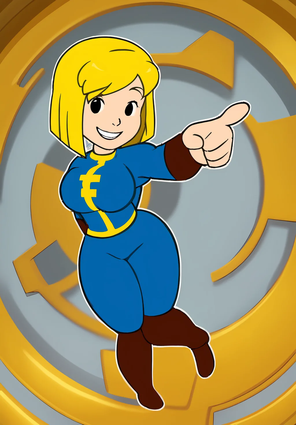 <lora:vault-girl:0.8>, vault-girl, 1girl, solo, smile, pointing at another,