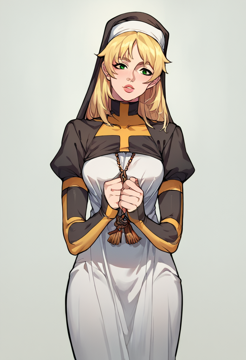 score_9,score_8_up,score_7_up,source_anime,zPDXL3,
*//*,<lora:Claires_quest_ArtStyle-Pony:1>,claire_quest,1girl,solo,blonde hair,long hair,green eyes,nun,breasts,lips,