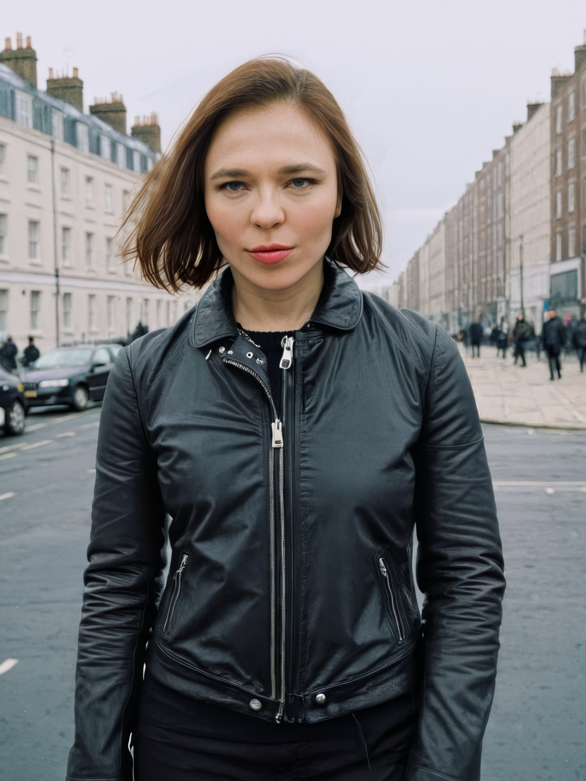 nina_kraviz, photograph, leather jacket, winter clothing, city street, overcast sky, natural lighting