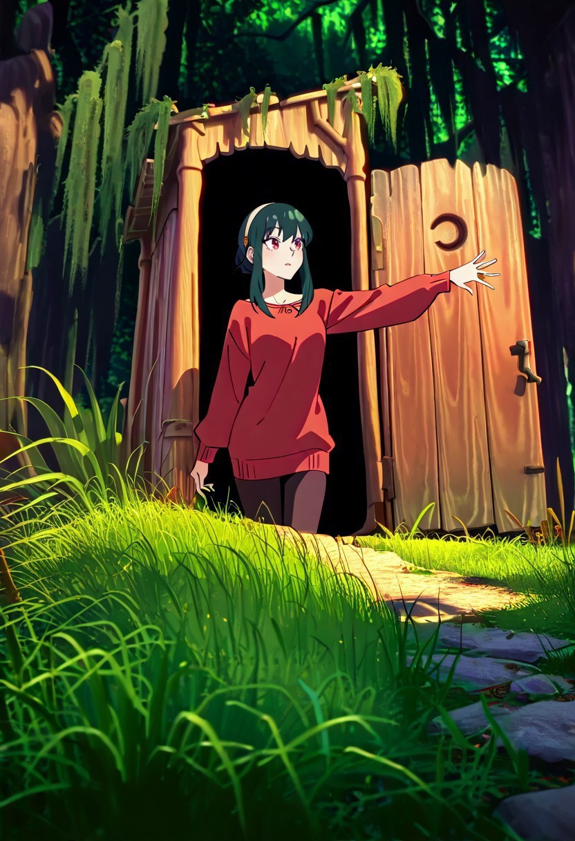 masterpiece, best quality, newest, absurdres, highres, anime, anime style, Shrek's-Outhouse-IL.V1.0, outdoors, moss, plant, nature, forest, Outhouse-closed door, Outhouse-open door, opening door, 1girl, yor_forger, spy_x_family, black_hair, red_eyes, red sweater


