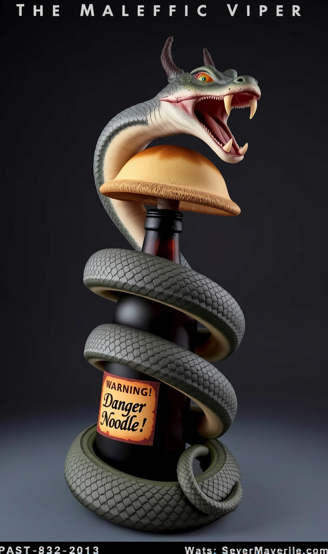 A large snake god wyvern, "The Malefic Viper", coiled around a brown beer bottle with a sizeable mushroom springing up instead of beer.
The malefic viper's mouth is wide open with fangs ready to bit down on the mushroom.
The beer bottle has a label in artistic cursive letters, "Warning! Danger Noodle!"
The statue is highly detailed with each scale being a vibrant dark green color and the orange pupils with black slits of the viper are glowing green and looks alive.
Simple background.