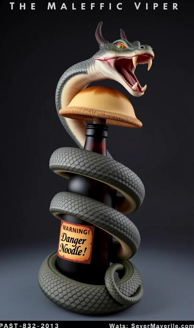 A large snake god wyvern, "The Malefic Viper", coiled around a brown beer bottle with a sizeable mushroom springing up instead of beer.
The malefic viper's mouth is wide open with fangs ready to bit down on the mushroom.
The beer bottle has a label in artistic cursive letters, "Warning! Danger Noodle!"
The statue is highly detailed with each scale being a vibrant dark green color and the orange pupils with black slits of the viper are glowing green and looks alive.
Simple background.