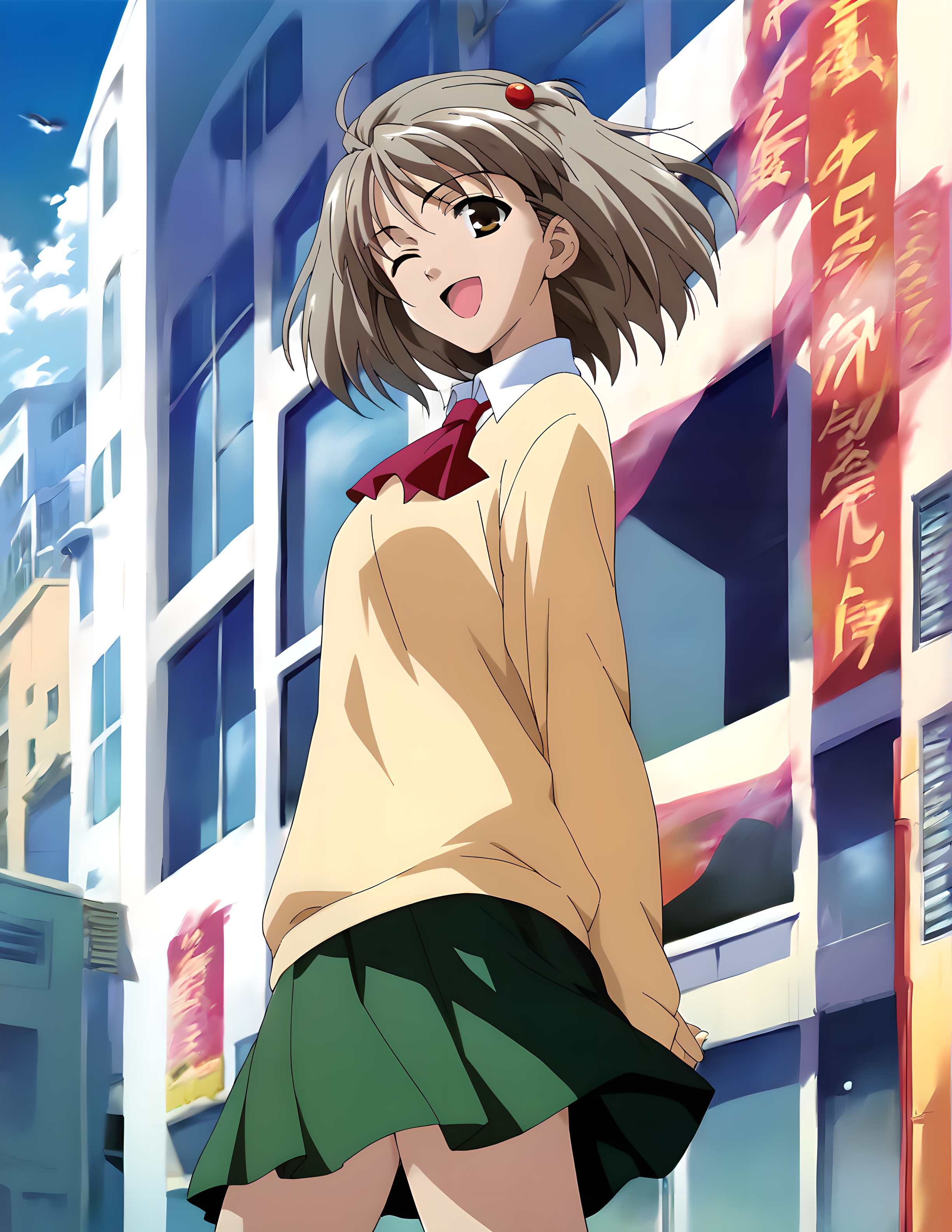 <lora:pony_xl_hitomi:0.8>,hitomi,score_9,score_8_up,score_7_up,source_anime,1girl,hair ornament,school_uniform,yellow sweater,long sleeves,sleeves past wrists,collared_shirt,red ascot,miniskirt,green skirt,black kneehighs,city,day,blue sky,wind,happy,smile,one-eyed wink,standing,arms_behind_back,hair fluttering in the wind,a flickering skirt,cowboy_shot,