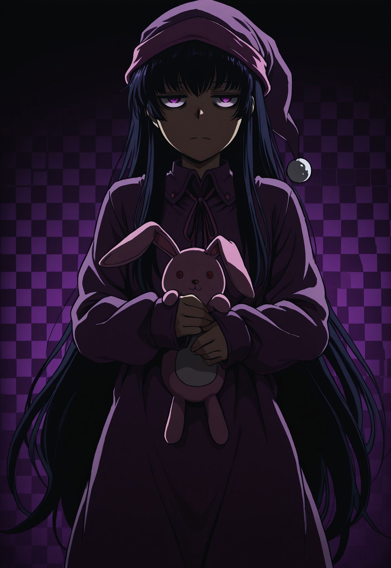masterpiece, best quality, amazing quality, DriftersEASY, 1girl, solo, female focus, black hair, very long hair, purple eyes, jitome, PJEASY, purple nightcap, pink neck ribbon, long sleeves, purple nightgown, sleeves past wrists, oversized nightgown, official alternate costume, stuffed bunny, holding stuffed toy,  checkered background, dark, cowboy shot, perspective