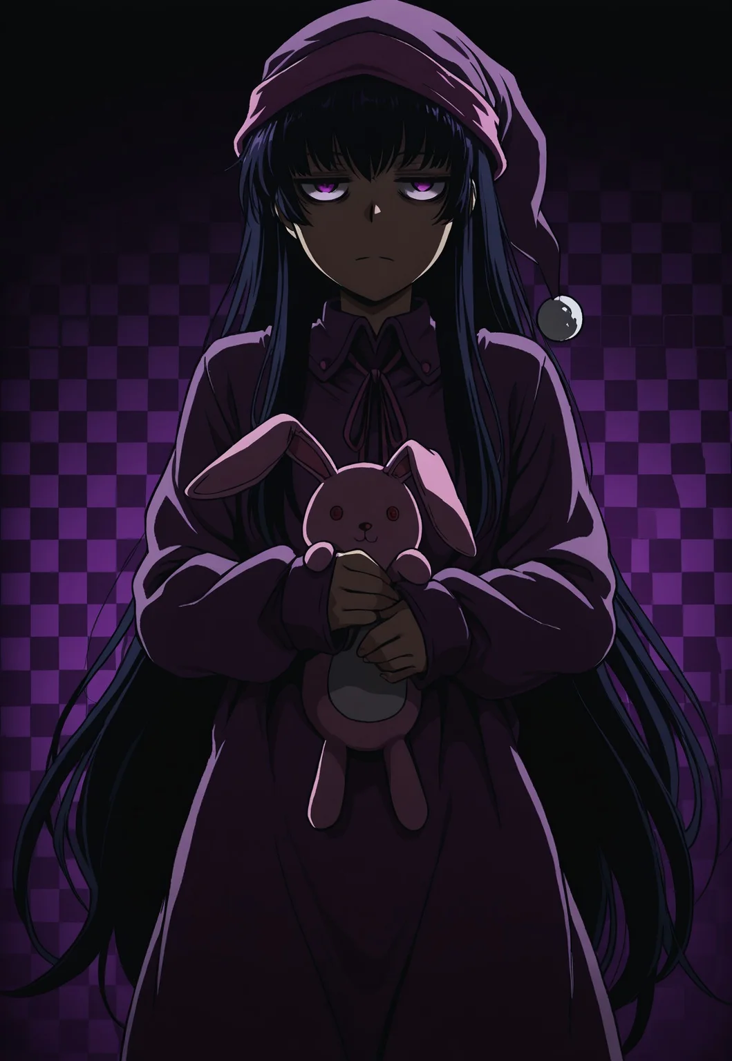 masterpiece, best quality, amazing quality, DriftersEASY, 1girl, solo, female focus, black hair, very long hair, purple eyes, jitome, PJEASY, purple nightcap, pink neck ribbon, long sleeves, purple nightgown, sleeves past wrists, oversized nightgown, official alternate costume, stuffed bunny, holding stuffed toy, checkered background, dark, cowboy shot, perspective