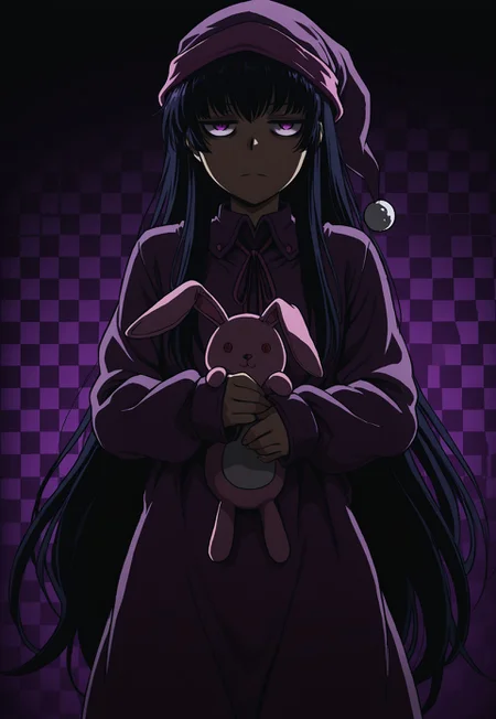masterpiece, best quality, amazing quality, DriftersEASY, 1girl, solo, female focus, black hair, very long hair, purple eyes, jitome, PJEASY, purple nightcap, pink neck ribbon, long sleeves, purple nightgown, sleeves past wrists, oversized nightgown, official alternate costume, stuffed bunny, holding stuffed toy, checkered background, dark, cowboy shot, perspective