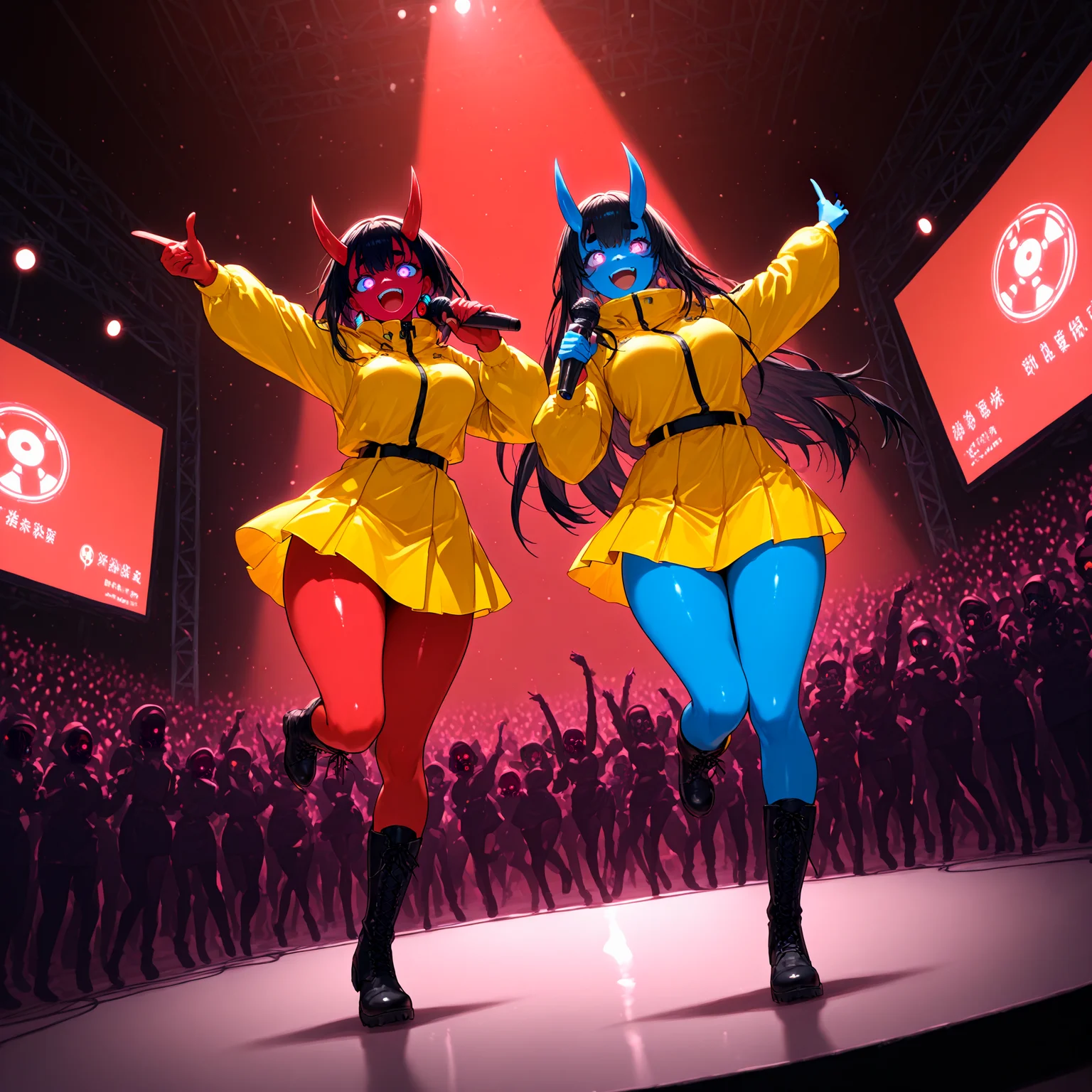 2girls, lineup, dancing, jumping, singing, holding microphone, yellow hazmat suit, on stage,faceless crowd, wasteland, concert, from below, dutch angle, depth of field, screen, biohazard symbol, radiation symbol, red light, spotlight, skirt, lace-up boots, thick thighs,
BREAK Akami Black, colored skin, (((red skin))), blue eyes, glowing eyes, red horns, black hair, earrings, yellow skirt, glittering blue tighhighs, <lora:Akami_Black_Illustrious:0.6>
BREAK Kuroni Black, colored skin, (((blue skin))), gas mask, Aka-Oni, oni girl, blue horns, black hair, long straight hair, pink eyes , glowing eyes, short thick eyebrows, yellow skirt, glittering red thighhighs, <lora:Kuroni_Black:0.6>
masterpiece, best quality, very aesthetic, photorealistic, absurdres, newest, scenery, volumetric lighting, <lora:add-detail-xl:2>