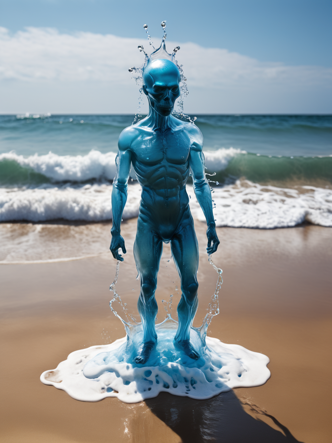 a full shot of a (anthropomorphic made of liquid water:1.3), human shape, foam, splash, drip, vapor, warped, deformed, translucent, ultra detailled, photo, canon m50, 200mm
beach backgrpound
<lora:xl_more_art-full_v1:1>