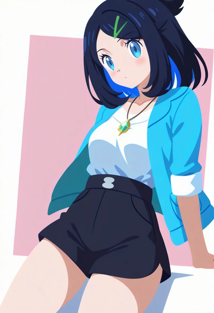Masterpiece, best quality, ultra-detailed, 8K resolution, sharp focus, 2D art style, (no lineart:2.0),
aaliko, medium hair, black hair, colored inner hair, hairclip, blue eyes, collarbone, necklace, white shirt, blue jacket, open jacket, sleeves rolled up, high-waist shorts, black shorts