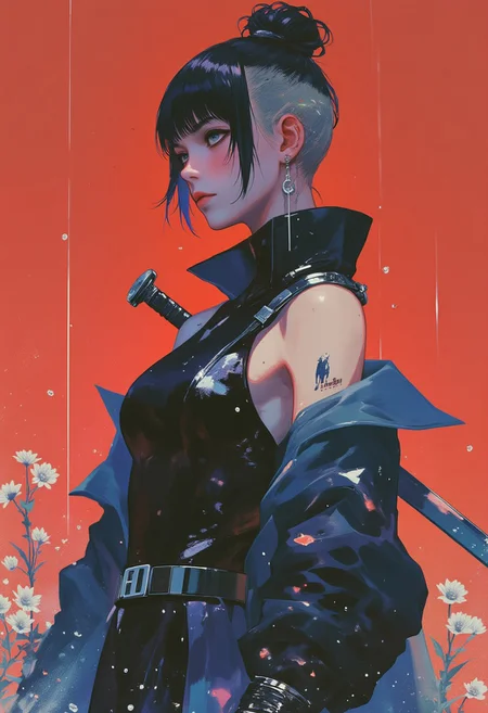 The image depicts a futuristic, cyberpunk-style character with pale skin and sleek, dark hair, partially shaved on one side to reveal intricate geometric designs. Her calm yet intense expression, with sharp, angular features, radiates an air of mystery and strength. She wears a deep sapphire blue avant-garde oversized gown, adorned with chrome-like, shining silver accents that sparkle and glitter against the rich, shadowy fabric. The silvers gleam with a high-tech brilliance, adding a sense of opulence to her striking appearance. A katana strapped to her back hints at her warrior-like persona, with its silver hilt also gleaming under the soft, ambient light. Scattered around her feet are delicate white flowers growing from the ground, their ethereal beauty contrasting the character's sleek, cyber-enhanced form. The backdrop is a bold, solid crimson red, enhancing the dramatic contrast of her attire and glowing metallic elements, creating a visually stunning, futuristic tableau. The entire scene blends cyberpunk aesthetics with a surreal, otherworldly allure, as the sparkling silver ornaments and chrome-like features catch the light, adding to the mesmerizing atmosphere.