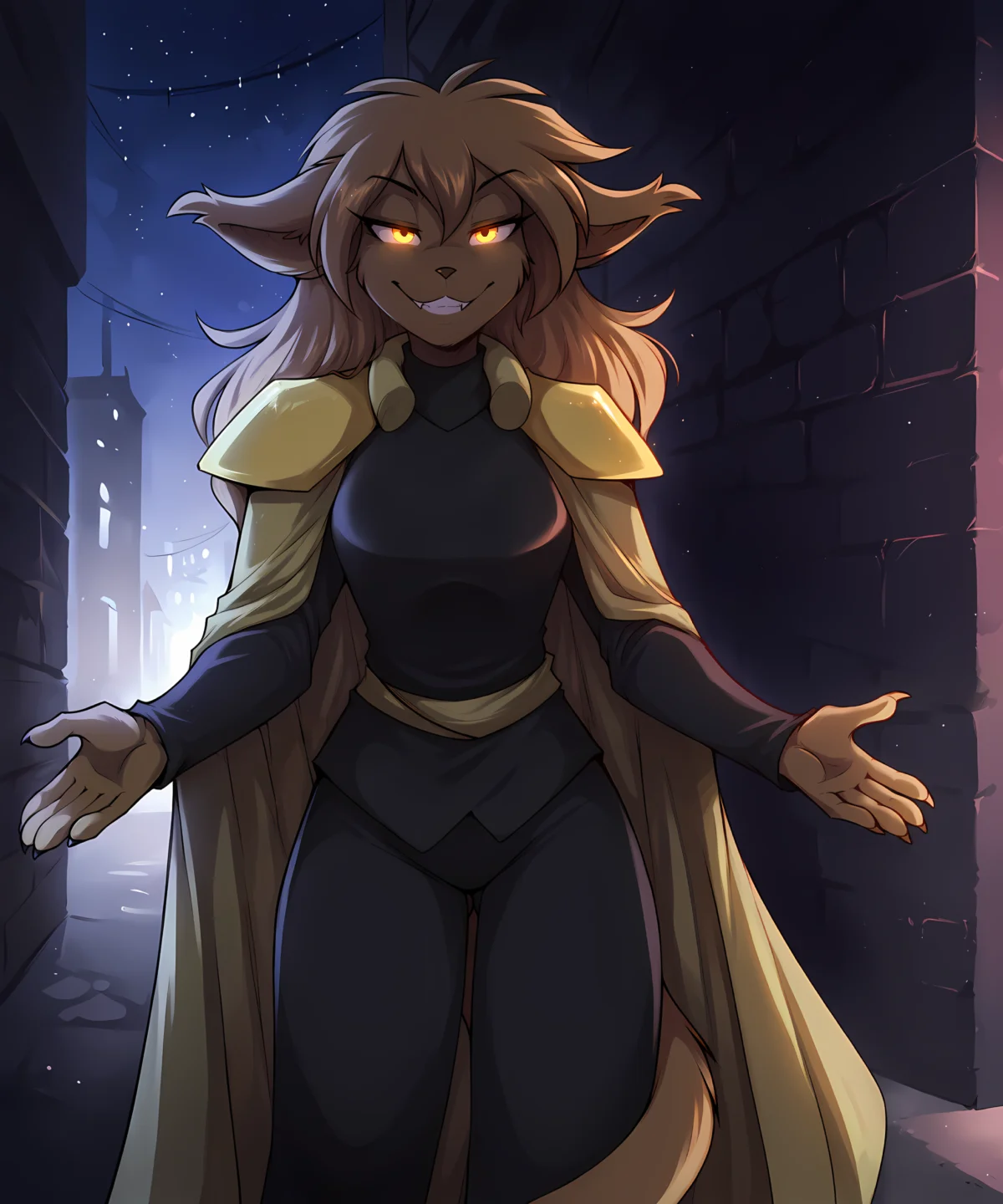 score_9, score_8_up, score_7_up,score_6_up,score_5_up, source_furry,
BREAK
solo, furry female anthro, medium breasts, (evil smile, menacing, half closed eyes, evil, bloodthirsty), armor, pauldron, cape, dark alley, ((backlighting)), dark background, <lora:DarkerThanDarkV1:0.8>, city, night sky, arms spread
BREAK
<lora:Madelyn-Adelaide-Twokinds-SDXL-AnonTK-V1:0.8> , madelyn-twokinds, basitin, mammal, feline tail, yellow eyes, long hair