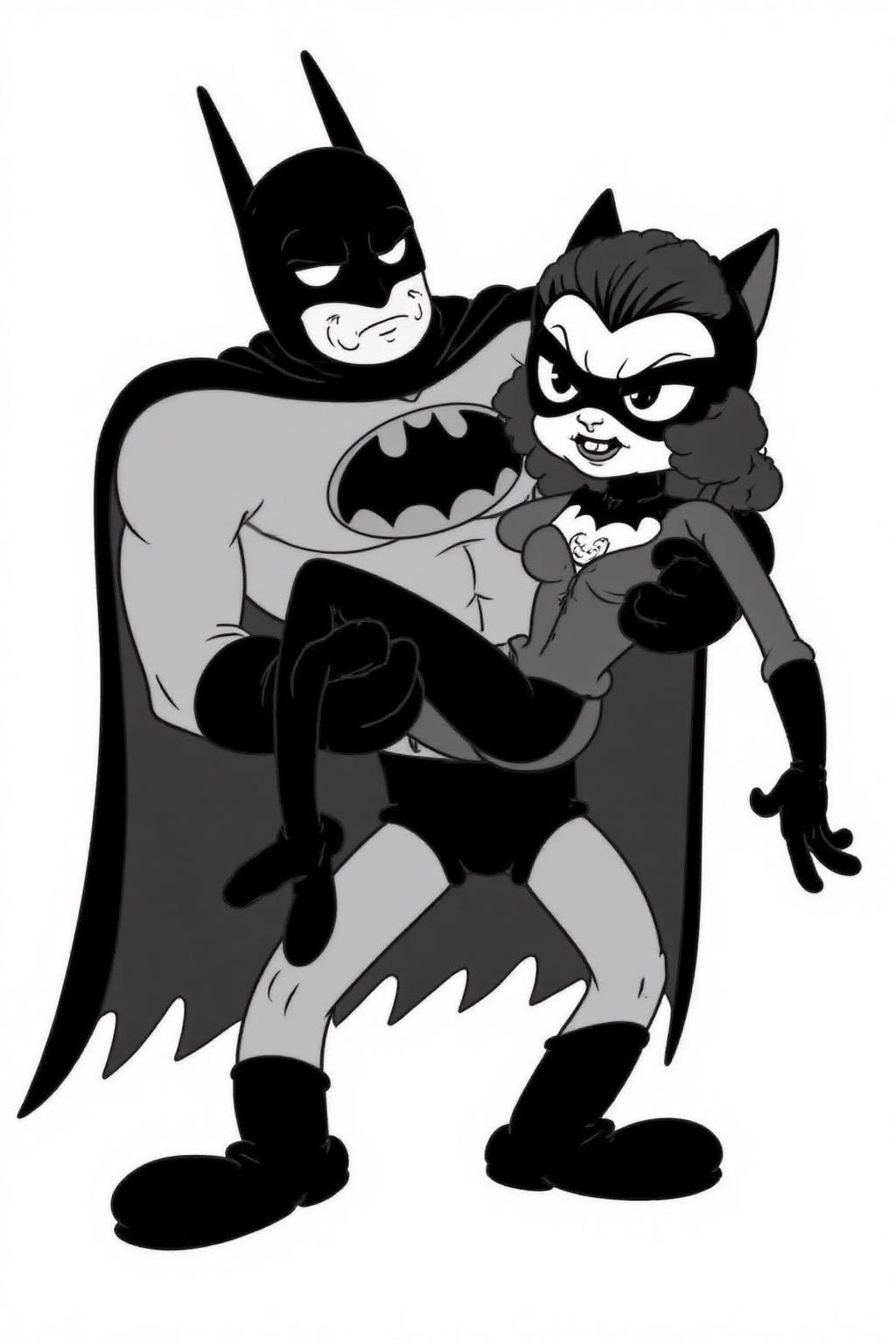 rubber hose animation style.
Monochrome image of Batman lifting Catwoman.
 <lora:rubberhose1_cap_d8a4:1.0><lora:844408974611647988:0>