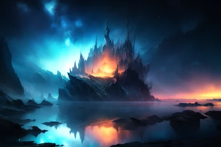 a desolate sea, black/blue theme, night sky, lone island, reflection in water, high definition, masterpiece, best quality, 4k, 2k, studio shadows, rim lighting, sharp focus, bokeh, extremely detailed CG unity 8k wallpaper, BREAK <lora:epi_noiseoffset2:0.75>, <lora:more_details:0.45>, <lora:FantasyLandscape:0.65>