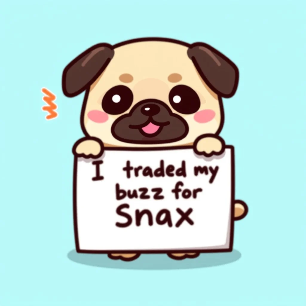 A vibrant chibi-style illustration, pug, adorable, holding sign, text: "I traded my buzz for snax", readable handwriting, cute handwriting, solid light blue background, kawaii, cute pug,