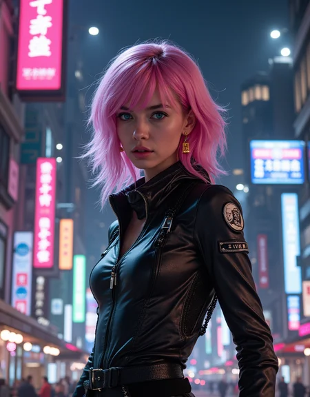 <lora:citybkgv2:1> citybkg, cyberpunk, night, ambiance, detailed, street, futuristic, city lights, billboards on buildings, neons, aerial front view, city lights, high buildings, low buildings, shops, shop signs, illuminated, pink haired girl with cyberpunk suit and blue eyes and gold earings is starring at you !