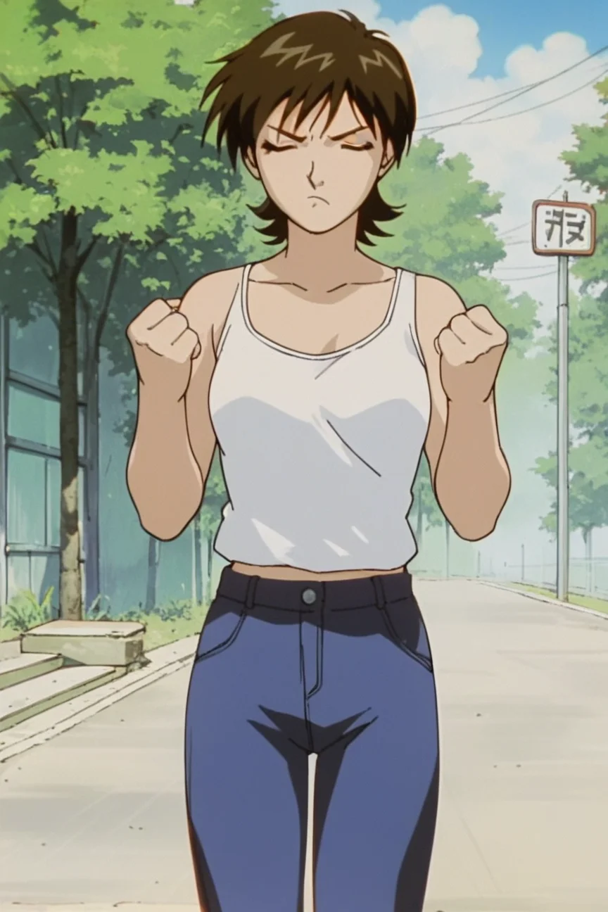 score_9, score_8_up, score_7_up,source_anime,<lora:Azusa_Fuyutsuki_GTO_PDXL:0.8>,azusa fuyutsuki, brown eyes, short hair, medium breasts, top, pants, standing, clenched hands, closed eyes, pout, solo, front view, outdoors, best quality, high quality