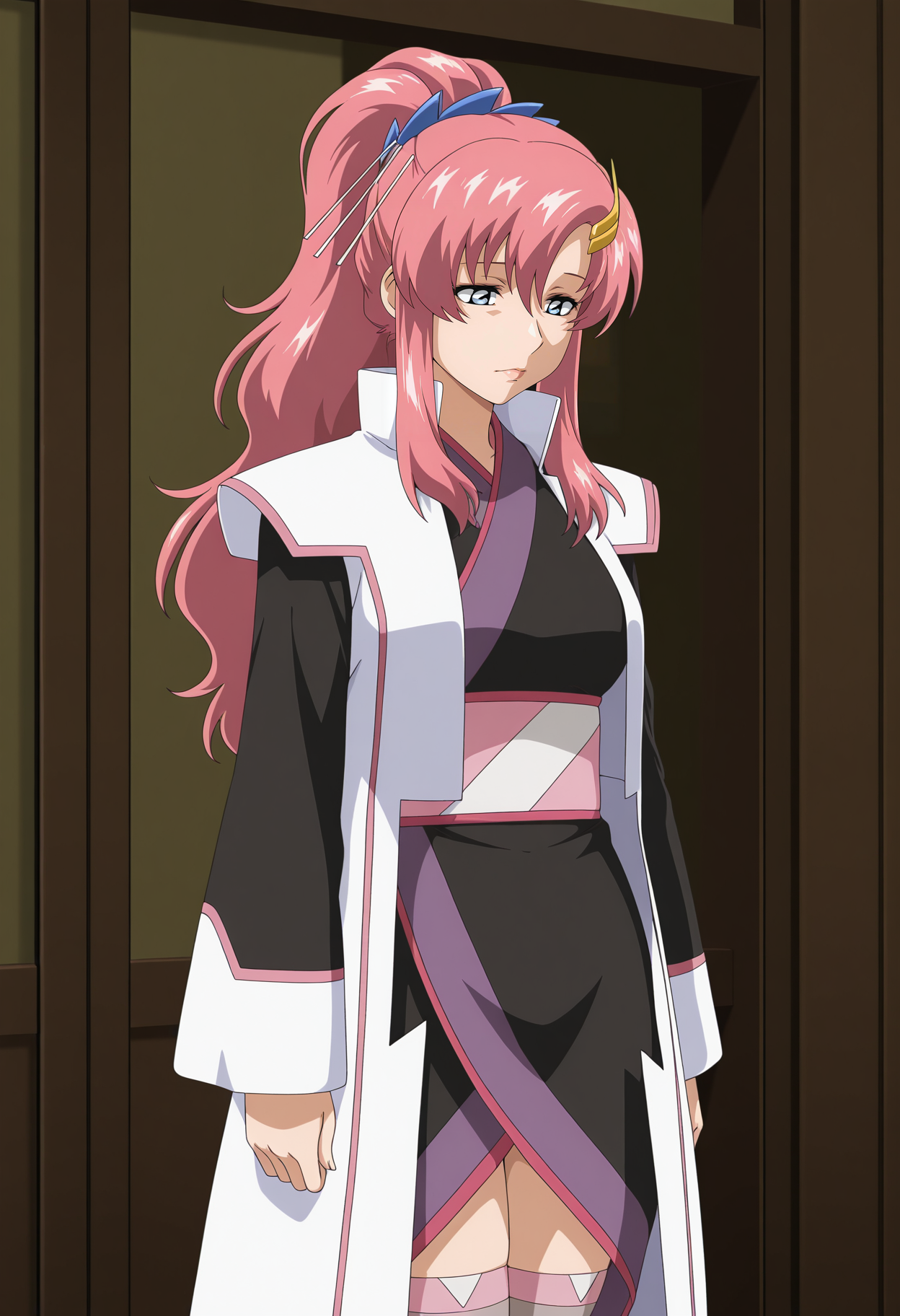 1girl,solo,mm,mature female,pink hair,long hair,hair ornament,blue eyes,anime coloring,
ponytail,kimono,uniform,thighhighs
,masterpiece,best quality,amazing quality,<lora:Lacus_Clyne-Gundam_SEED_Freedom_r1:0.8>