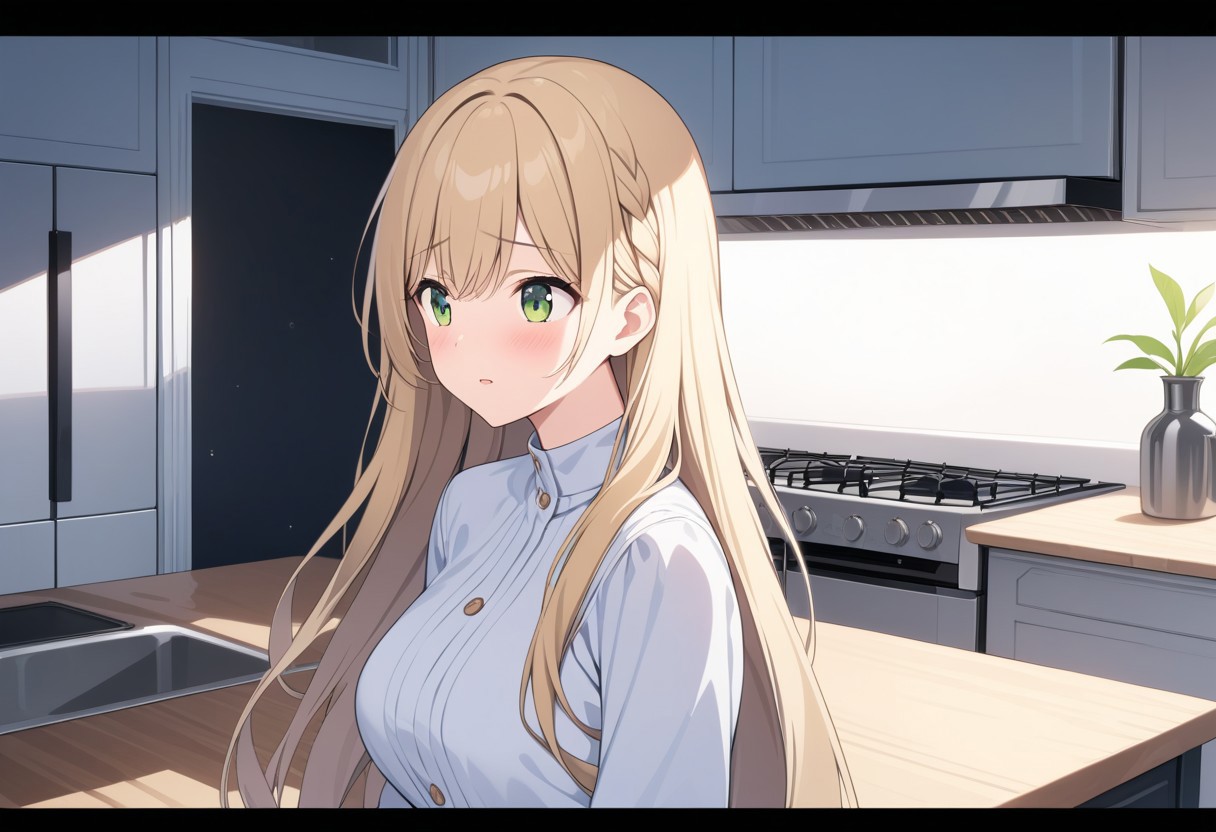 (extremely detailed CG unity 4k wallpaper),(masterpiece),(best quality),(ultra-detailed),(best illustration),(best shadow),(absurdres),(detailed background), (high res image), (High image quality),(Looking at the front),(looking at the audience),(Upper Body),
（A cute white dress,）
1girl, solo, 
A worried face,
long hair, Large breasts,
Braided long hair, blonde, Green eyes,
During the day,
He looks anxiously at the kitchen.