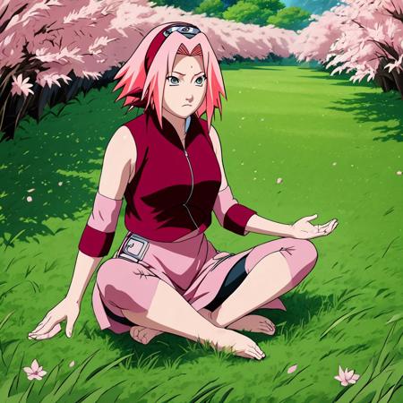 Sakura Haruno strikes a calm beautiful pose as she meditates in the grass with wind blowing her beautiful hair