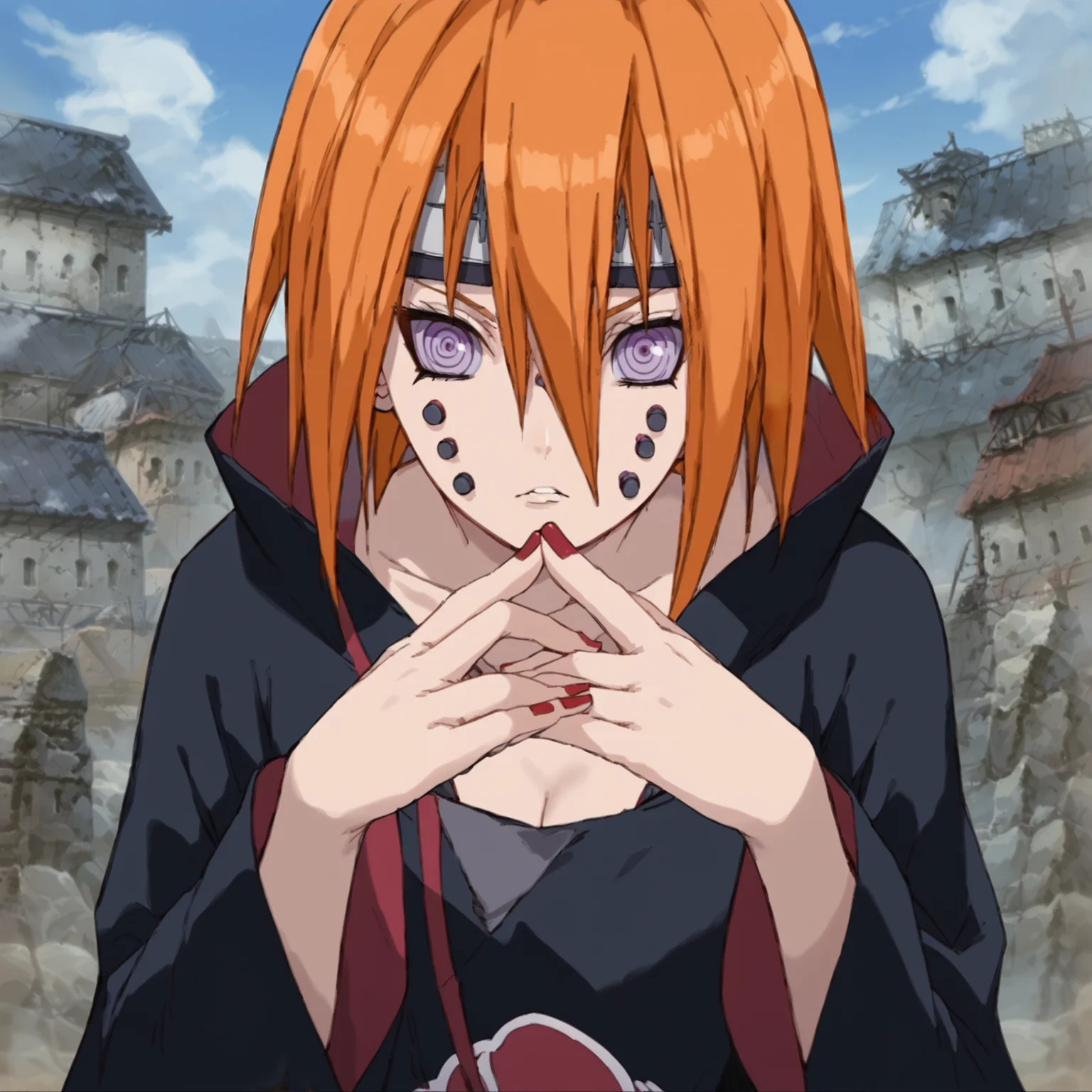 score_9,score_8_up,score_7_up,source_anime BREAK
((1girl,solo)),AnimalPath,orange hair,short hair,(hair between eyes:1.2),akatsuki outfit,black coat,ninja,piercing,(cheek piercing:1.3),purple eyes,red nails,ringed eyes,<lora:AnimalPathV1.1_ponyDV6> BREAK
upper body,face focus,clear face,parted lips,