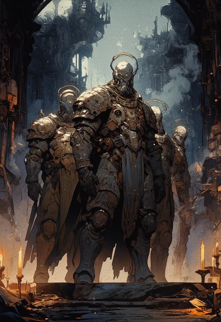 A dark, gothic cathedral engulfed in shadows and flickering candlelight, where four towering, heavily armored warriors stand ominously amidst thick, swirling mist. Their intricate, battle-worn exosuits are adorned with gothic engravings, golden halos, and sacred iconography, evoking a sense of holy duty and relentless war. Each warrior is clad in massive, reinforced power armor, their visors glowing faintly with an eerie golden light. The floor is lined with countless candles, casting a warm, flickering glow that contrasts with the deep darkness looming overhead. Dust particles dance in the dim light, creating an ethereal, sacred atmosphere. In the background, colossal pillars and ancient relics shrouded in mystery fade into the darkness, with faint beams of divine light piercing through the high arched ceilings, illuminating an altar in the distance. The warriors exude an aura of unwavering devotion and formidable strength, standing in silent reverence as if preparing for an imminent battle or a sacred ritual. The entire scene is steeped in a grimdark, medieval-futuristic aesthetic, blending elements of gothic fantasy and dystopian sci-fi, reminiscent of Warhammer 40k and dark mythological epics.
,  anime, cyberpunk