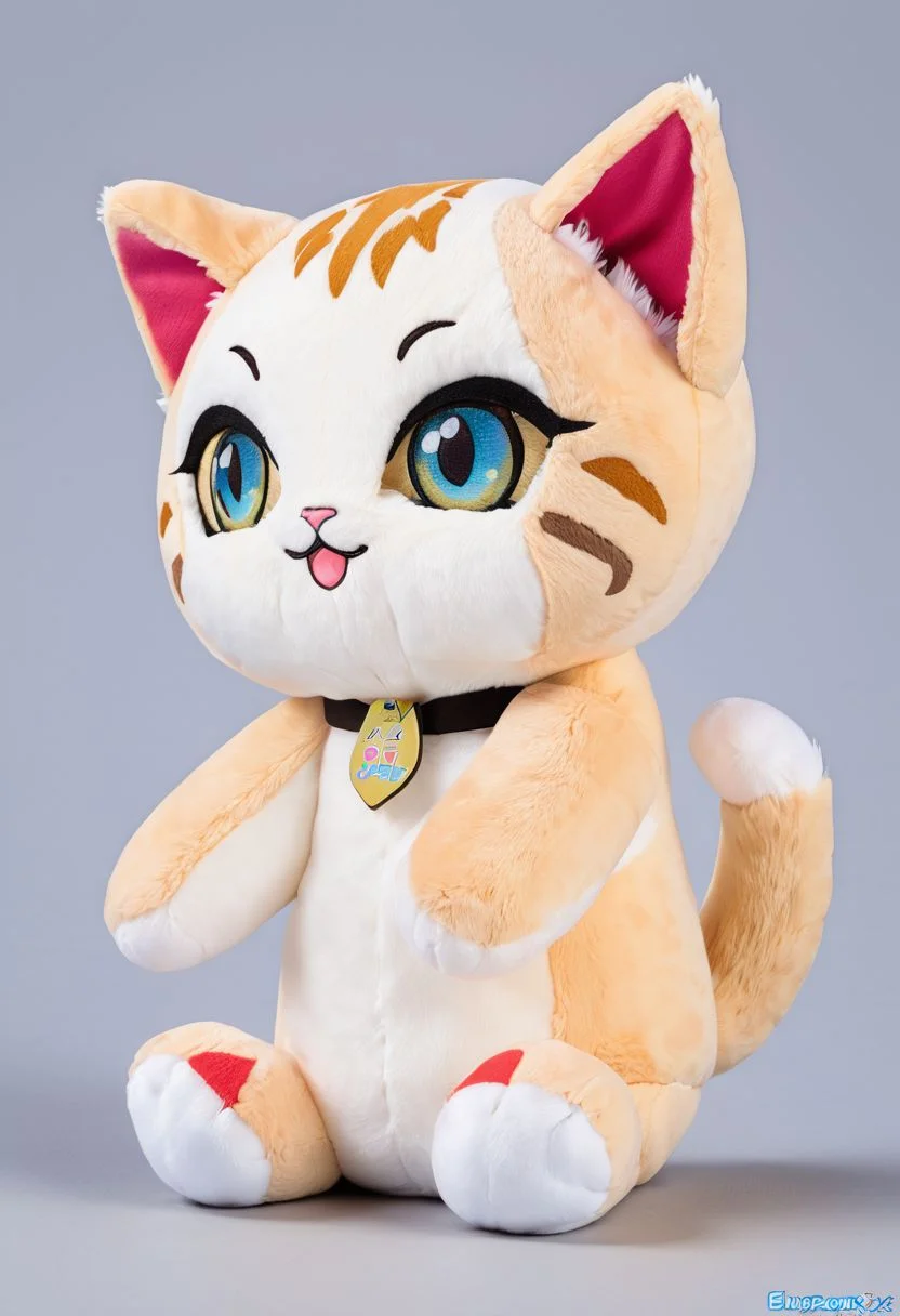 score_9, score_8_up, score_7_up, score_6_up, score_5_up, score_4_up  <lora:woafu_plushify_sdxl_v02:1> single, plushify, character stuffed toy, chibi, adorable cat, extremely detailed, realistic, simple background, fluffy, 8k, masterpiece,