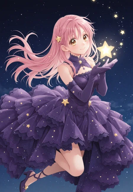 masterpiece, best quality, absurdres,masterpiece, best quality, very awa, absurdres,night sky background,stars,tanemura arina, falling stars,
BREAK 
1 girl,solo, full body,floating, dynamic pose,pink hair,brown eyes,syraight hair,bangs,floating hair,purple dress, elbow gloves, star (symbol), bare shoulders, purple gloves,smile,holding star