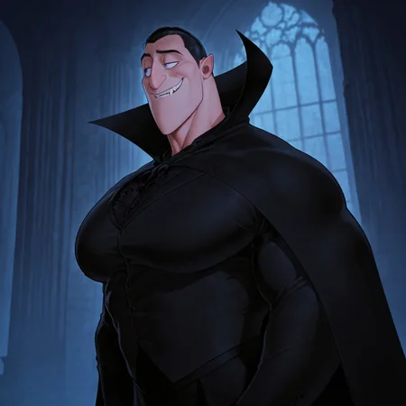 masterpiece, best quality, absurdres, newest, perfect quality, best quality, absolutely eye-catching, detailed background, intricate details, bara, 1boy, 1boy, smirk, looking away, male, male focus, solo, mature, black hair, short hair, slicked back hair, blue eyes, thick eyebrows, vampire, fangs, pointy ears, black tuxedo, lace details, black cape, high collar, bara, muscular, large pectorals, large biceps, side view, very awa, best quality, absurdres, newest, perfect quality, detailed background, intricate details, (artist:rokudenashi:0.8), (artist:dizdoodz:0.7), (artist:gomtang:0.6)