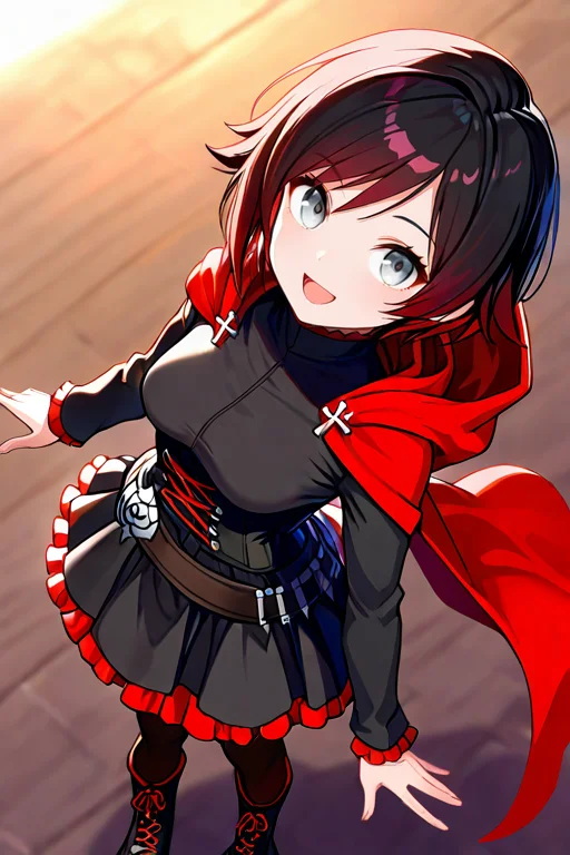 masterpiece, High quality, Ultra detailed, 2d, newest, absurdres, highres, BREAK
1girl, solo, <lora:ruby_rose:0.8>, ruby_rose_(ruby), short hair, black hair, multicolored hair, grey eyes,
medium breasts, rosedef, long sleeves, black dress, corset, belt, rose, skirt, frilled dress, pantyhose, black footwear, cross-laced footwear, hooded cloak, red cape,
from above, smile, open mouth, looking at viewer,