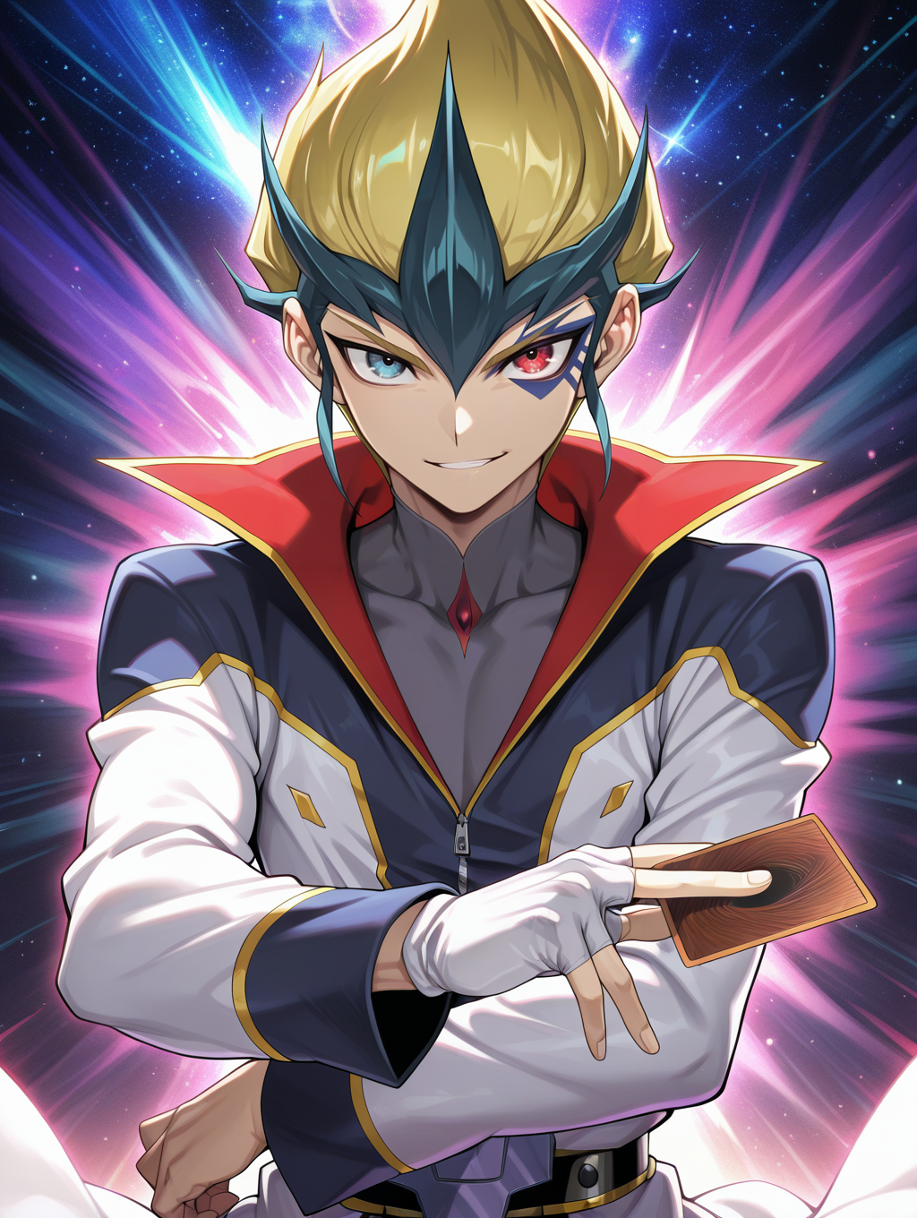 kite tenjo,1boy,solo,male focus,card,holding card,heterochromia,single white fingerless glove,smile,looking at viewer,white coat,grey high collar shirt,facial mark,upper body,parted lips, grin, galaxy, 
masterpiece,best quality,amazing quality,very aesthetic,absurdres,newest,<lora:Galaxy-Eyes Prime Photon Dragon illuXL v2.3:0.75>,