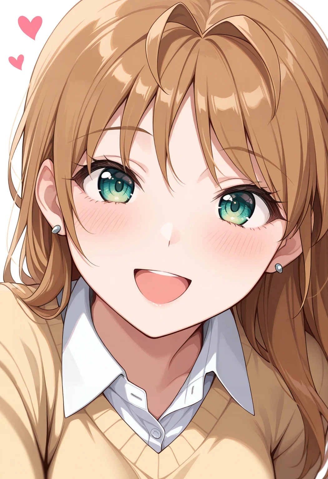 1girl,solo,brown hair, earrings, blush, jewelry, heart, open mouth, smile, long hair, close-up, green eyes, antenna hair, white background, looking at viewer, simple background, yellow sweater, :d, collared shirt
,masterpiece, best quality, amazing quality,
<lora:yamada:.9>