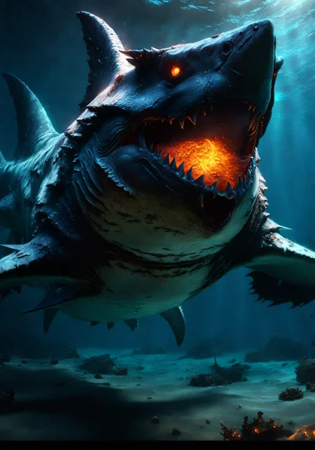 cinewow,deathwing shark,animal,armored,glowing effects,glowing eyes,underwater,masterpiece,awardwinning,8k,epic,cinematic,trending on artstation, <lora:cinewow-step00000350:0.9>