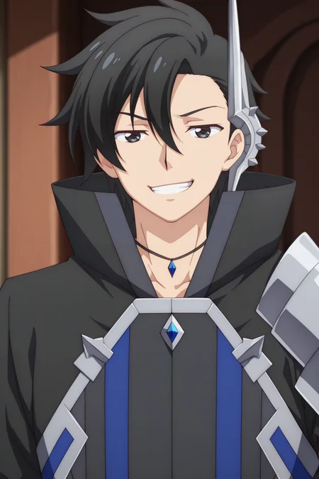 masterpiece, best quality, amazing quality,high resolution, intricate details,official style,depth of field,anime screencap,anime coloring, , , 1boy, solo, male focus, <lora:kelvin_celsius:0.93>,kelvin celsius,black hair,black eyes,side swept,short hair,looking at viewer,black coat,accessory,jewelry,shoulder armor,upper body,grin,smug expression
