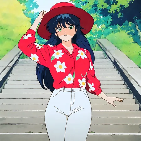 <lora:KOR_MadokaAyukawaXLIllustrious002>,
masterpiece,best quality,good quality,newest,
outdoors,stairs,
smile,
looking at viewer,
solo,
MadokaAyukawa,1girl,blue hair,long hair,green eyes,
breasts,
red hat,sun_hat,
collared_shirt,red shirt,floral shirt,long_sleeves,
white pants,
standing,