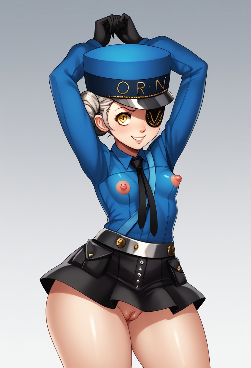 score_9, score_8_up, score_7_up, , shiny skin:0.1, source_anime, , deep skin,, high quality, highres, , 1girl, (curvy), ((wide hips)),, thick thighs, cute, , sexy, small breasts, CarolineP5, caroline (persona 5), yellow eyes, gloves, hat, hair bun, short hair, eyepatch, black gloves, necktie, topless, blue headwear, grey hair, black skirT, short skirt, solo, 
pussy, angry, smile, (big nipples, puffy areolas), erect nipples, arms up