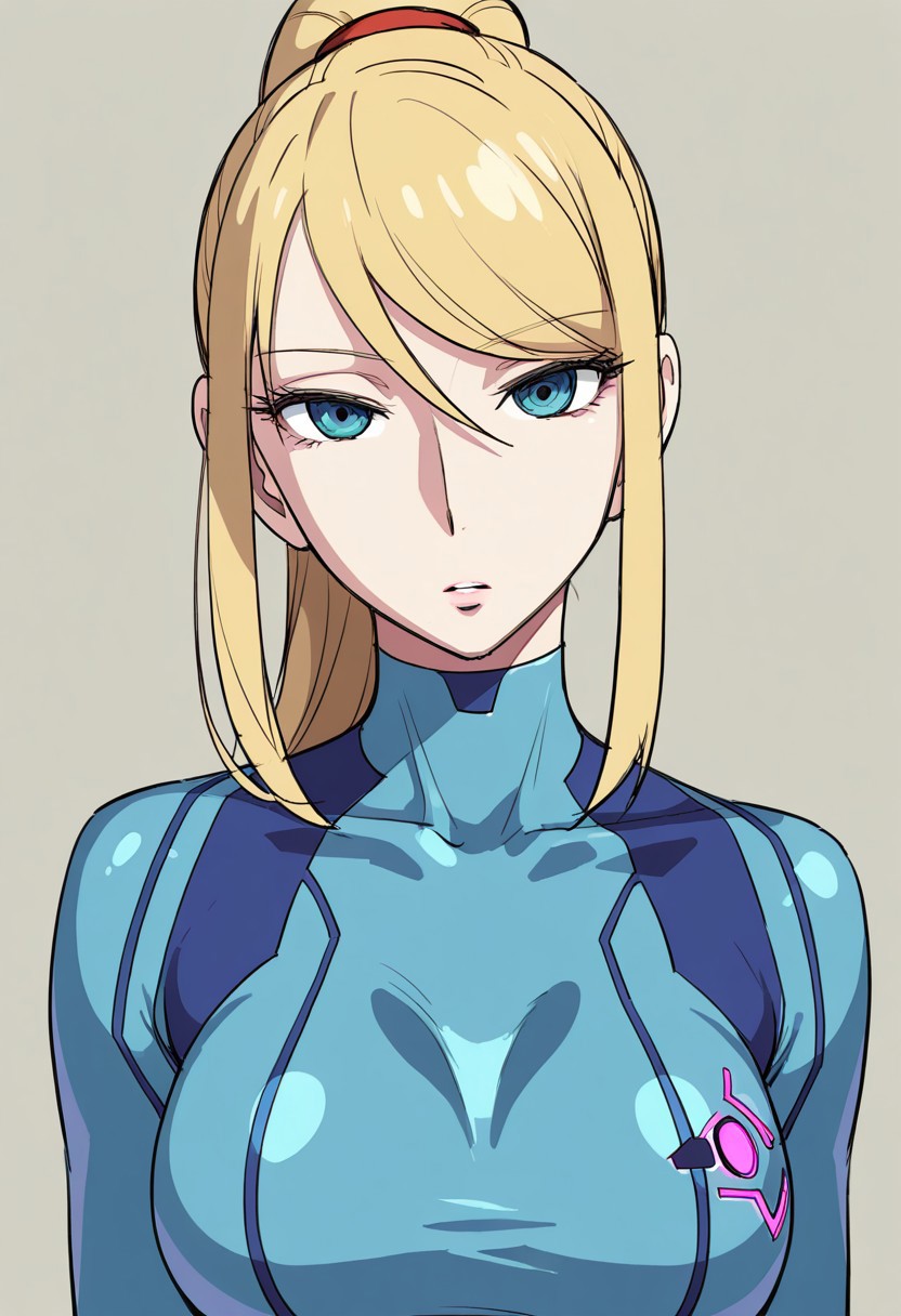{{masterpiece,best quality,amazing quality,absurdres}}, {{flat shading, cel shading}}
BREAK
1girl, solo, upper body, simple background, portrait, looking at viewer, samus aran, blue zero suit, ponytail, breasts