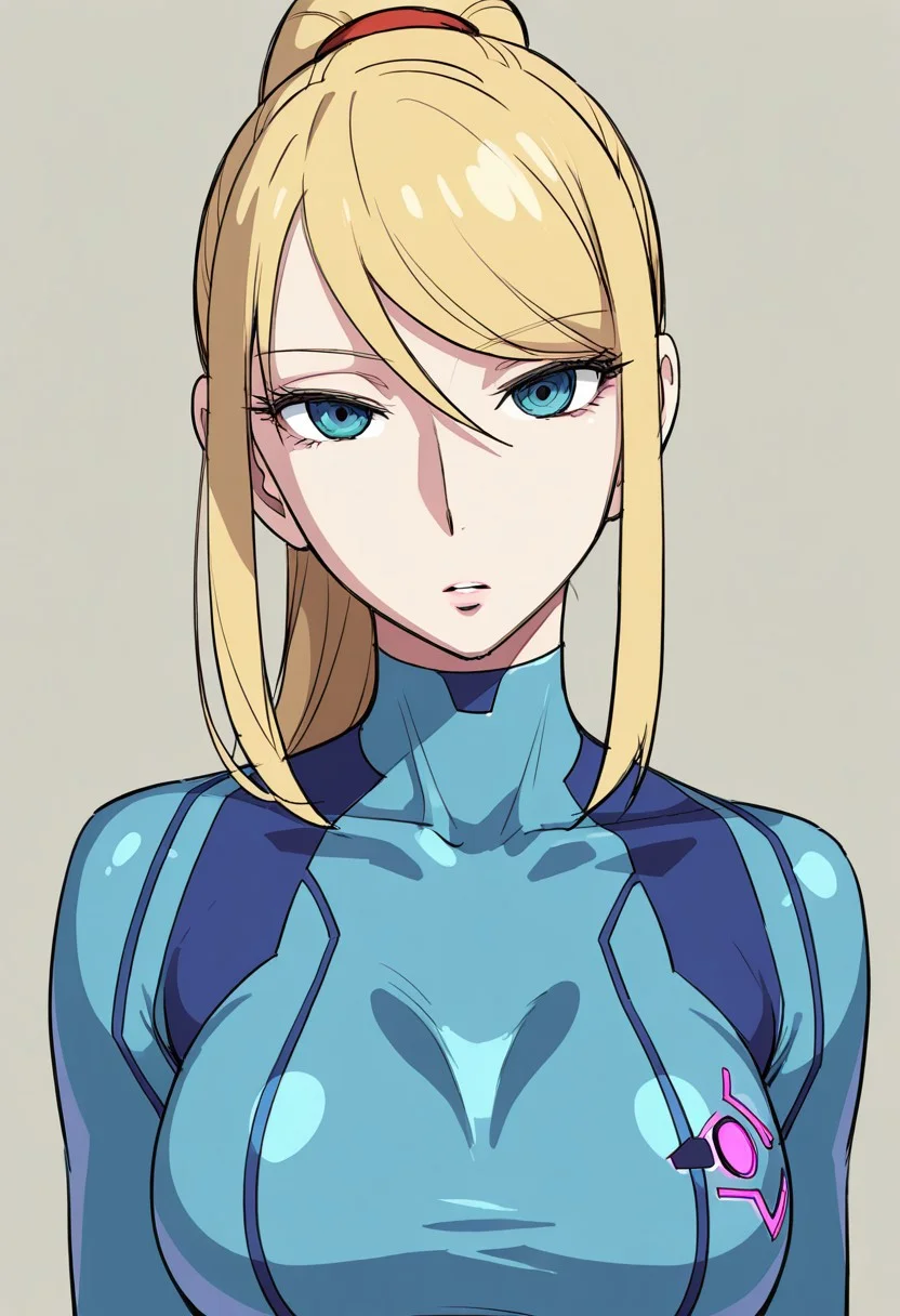 {{masterpiece,best quality,amazing quality,absurdres}}, {{flat shading, cel shading}}
BREAK
1girl, solo, upper body, simple background, portrait, looking at viewer, samus aran, blue zero suit, ponytail, breasts