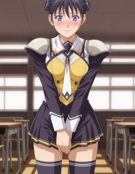 1girl, solo, araki madoka, black hair, short hair, twin buns, purple eyes, St_Arcadia_Uniform, school uniform, black and yellow clothes, shoulder pads, white necktie, long sleeves, pleated skirt, black thighhighs, standing, covering crotch, covering breasts, embarrassed, blush, depth of field, blurry background, indoors, classroom, (dark theme, low light:1.1), (anime coloring:1.2) <lora:araki_madoka_ilxl_v1:0.8>