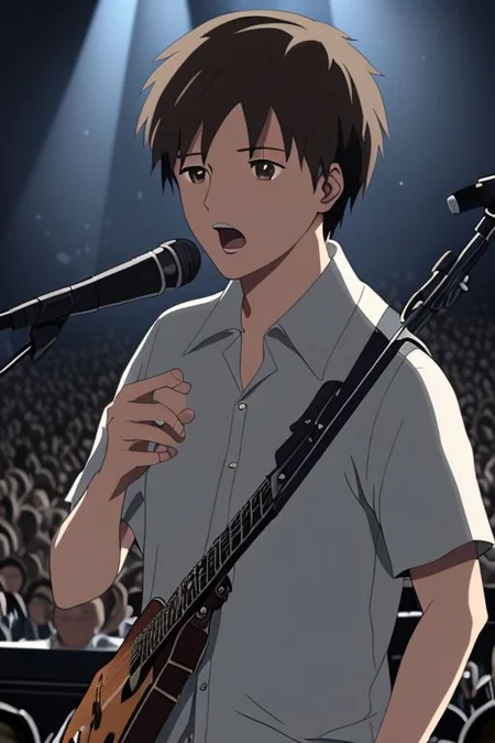 high resolution, solo, best quality, 1Boy, Takaki Toono, Brownish Hair, Brown Eyes, singing, portraits, dept of field, virtual concert, playing musical instrument, OverallDetail