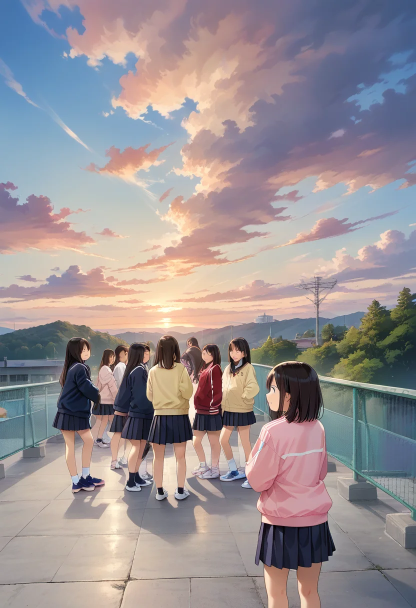 score_9, score_8_up, score_7_up, rating_safe, masterpiece, best quality, absurdres, unity 8k wallpaper, official art, official style, source_anime, uncensored, game cg, megami magazine,
okujyou, multiple girls, outdoors, school uniform, skirt, scenery, jacket, cloud, long hair, sky, 6+girls, shoes, sneakers, black hair, brown hair, short hair, multiple boys, black skirt, track jacket, pleated skirt
<lora:gakkou_okujyo_PONY_V1:1>